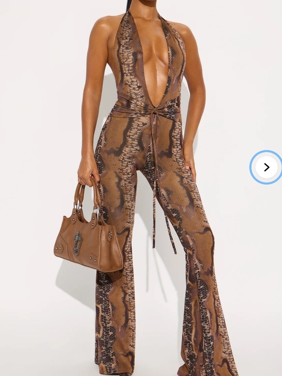 Pants - FashionNova Snake Print Plunge Halter Flare Jumpsuit